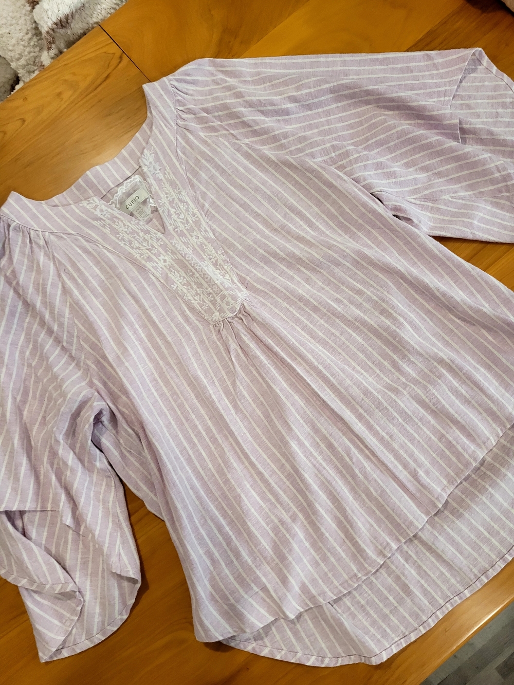 CUPIO Light Lavender Stripe Peasant Top with Lace Trim - , Women Tops